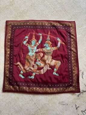 Vintage Burgundy and Teal Thai Warrior Pillow Cover